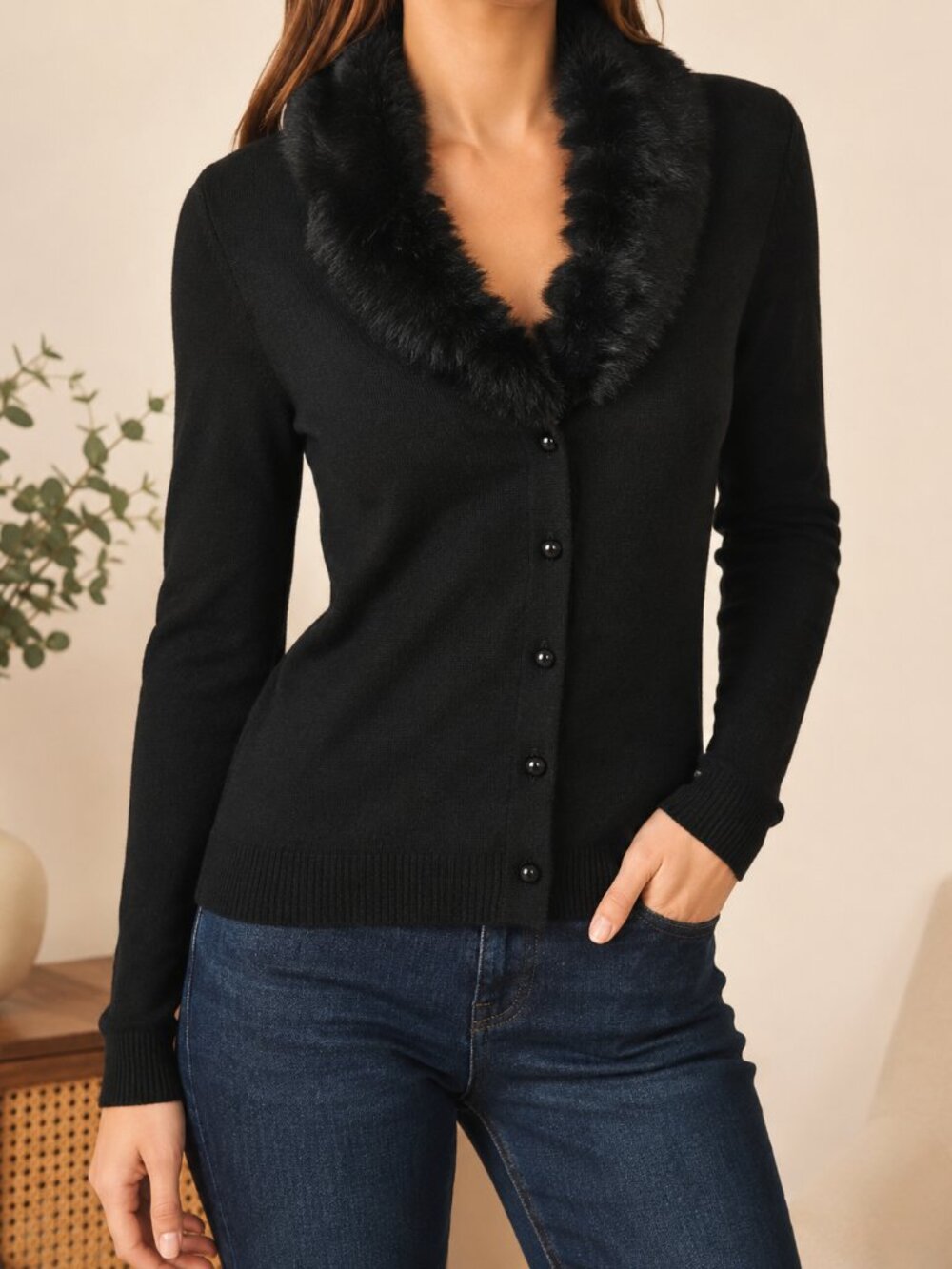Le Grenier Black Cardigan Sweater w/ Faux Fur Collar • Button Front • Size Small